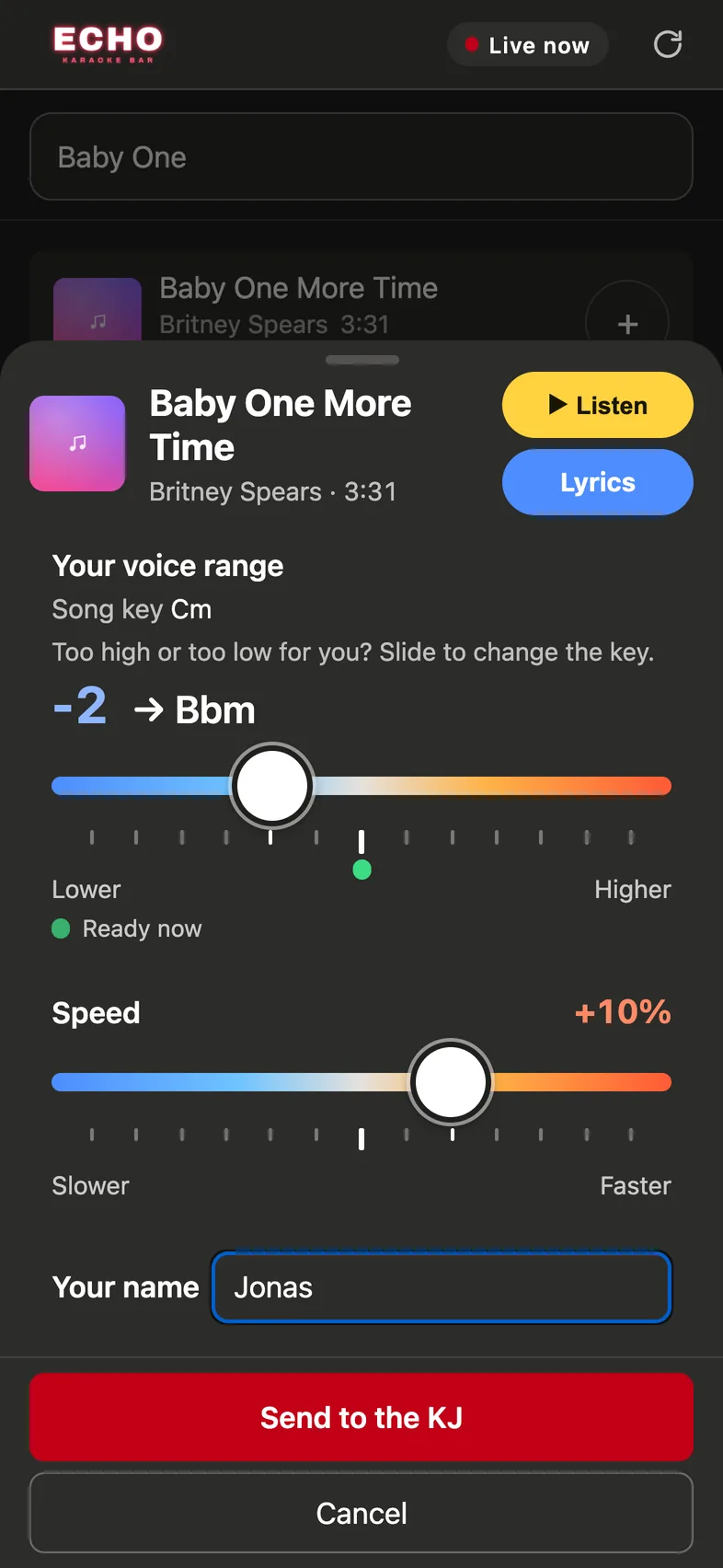 The guest app requesting a song: Listen and Lyrics buttons, a key slider set two steps lower and a speed slider set 10 % faster.