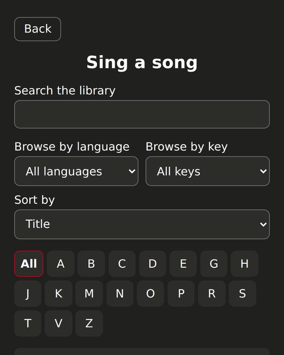 The guest page: Sing a song, with a search field and browsing by language, by key and by letter.