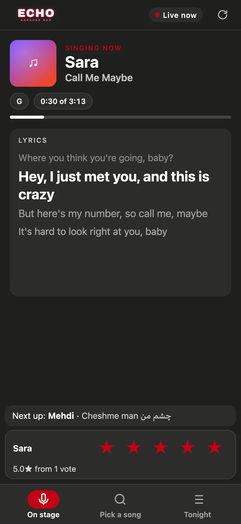 The guest app while a song plays: the singer, the current line of the words, who is next and five stars to vote with.