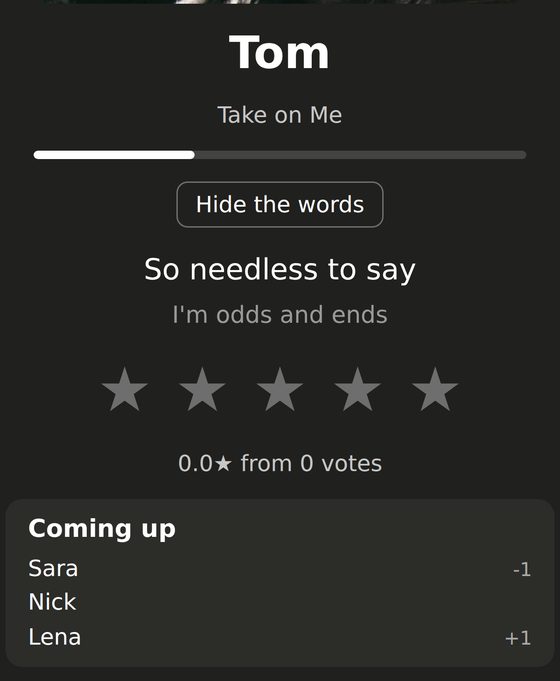The guest page while a song plays: the singer’s name, the words, stars and who is coming up.