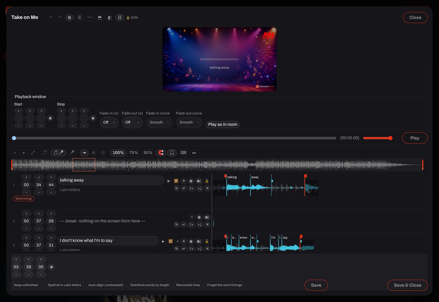 The KaraokeMate lyric editor: the whole song’s waveform, and each line of text beside its own piece of waveform with a tag on every word.