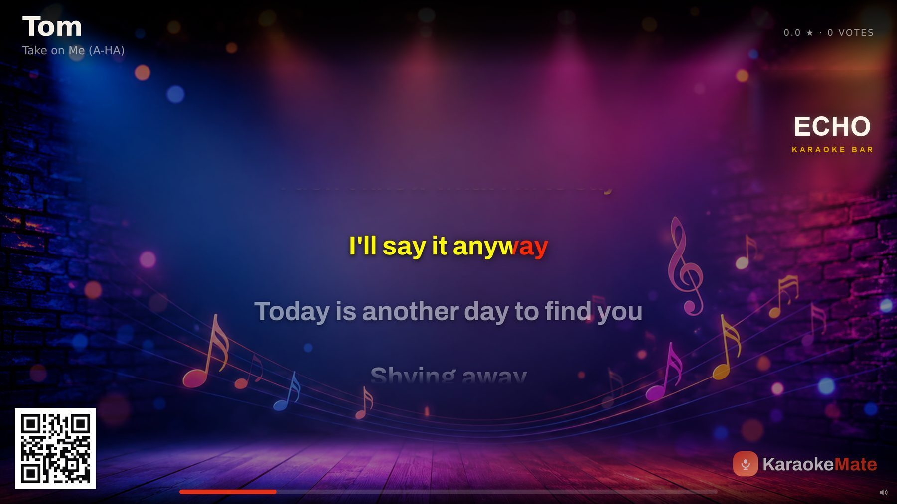 The KaraokeMate show window on a projector: the line being sung with the current word lit, the lines still to come below, the venue logo and a QR code for guests.