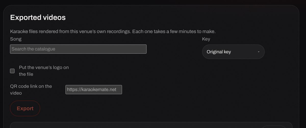The export form: pick a song, pick the key, put the venue’s logo on the file, and set the QR code link on the video.